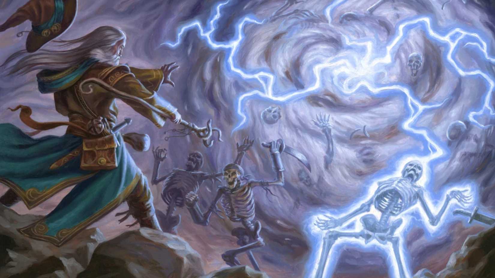 A spellcaster strikes a swarm of skeletons with the Storm Sphere spell, shocking them.