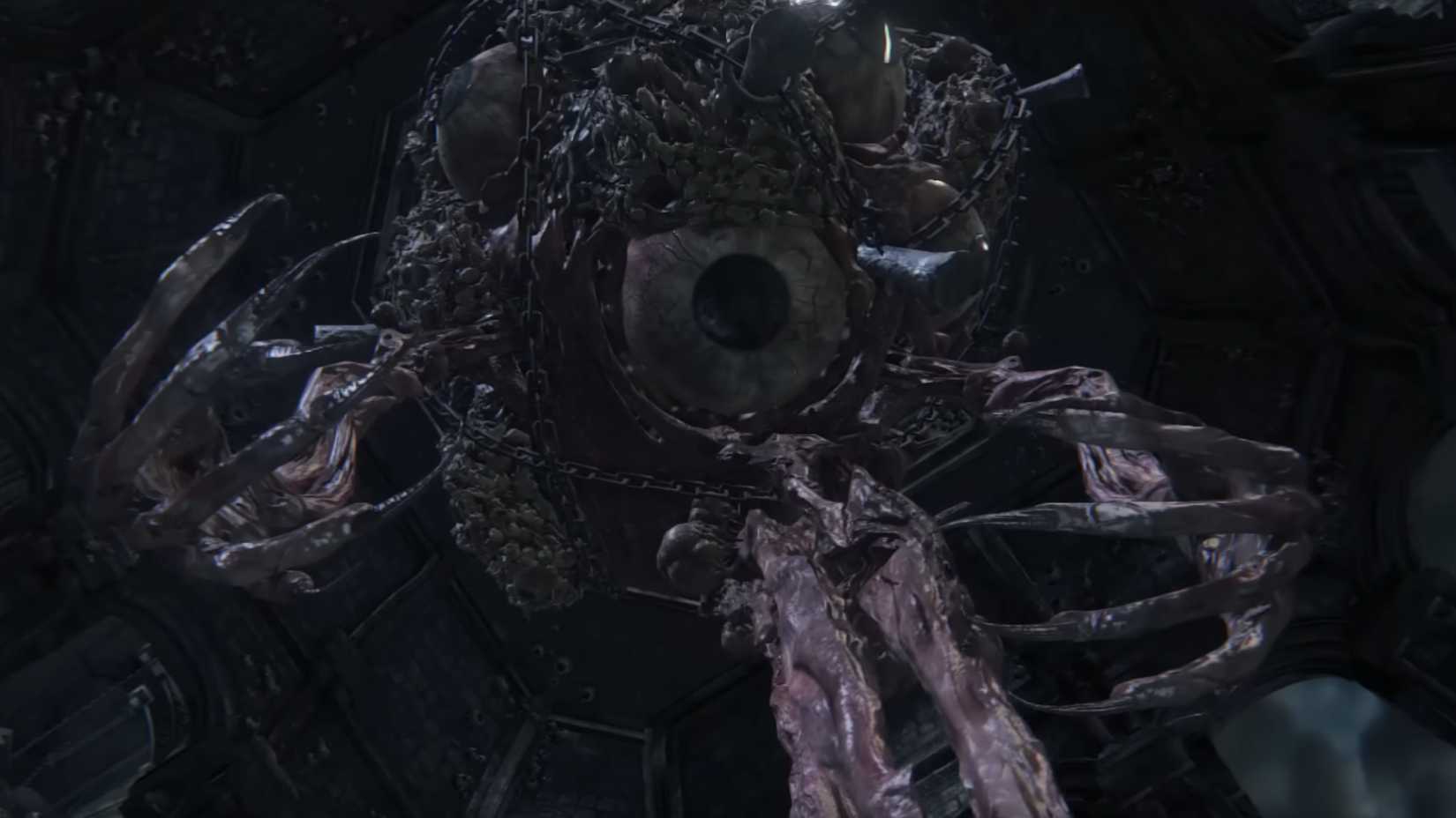 Mensis's brains, snow, flesh and chains are hanging on the camera.