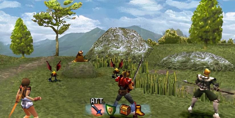 Three main characters facing off against enemies in a field in The Legend of Dragoon.