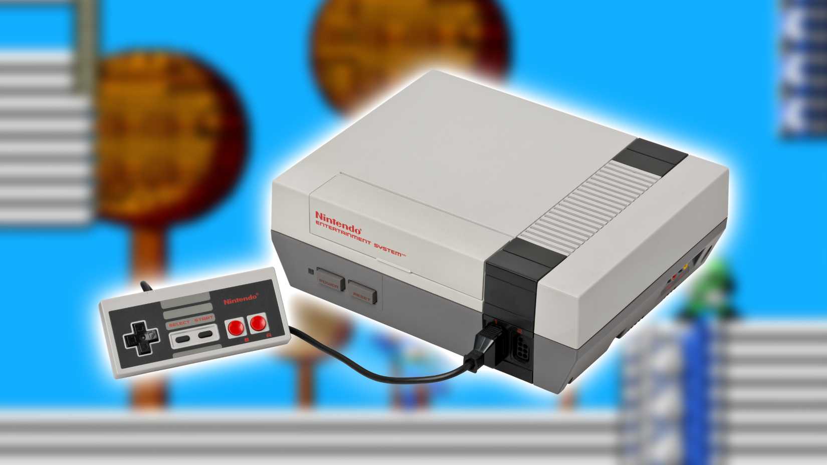 Nintendo Entertainment System Nes Console over a blurred background by Mega Man.