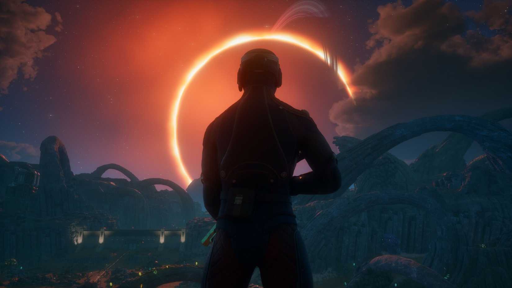 A man from Outer Worlds 2 faces the sun blocked by the eclipse.
