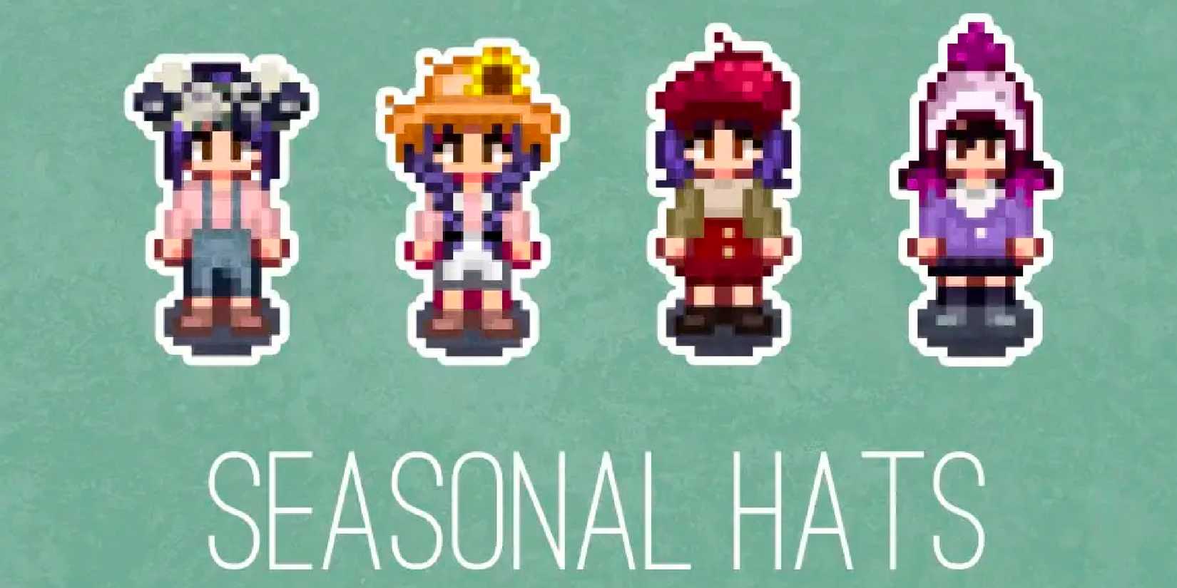 Promotional picture of seasonal hats from KaileyStaWew in Stardew Valley.