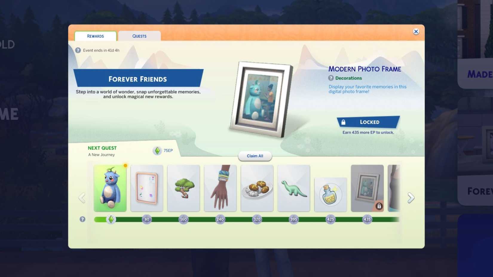 The Sims 4 Forever Friends Menu First Claim visible.