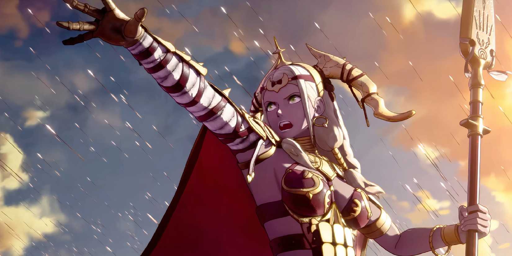 Theodora commanding her army to fire arrows in Fire Emblem: Fortune's Weave.
