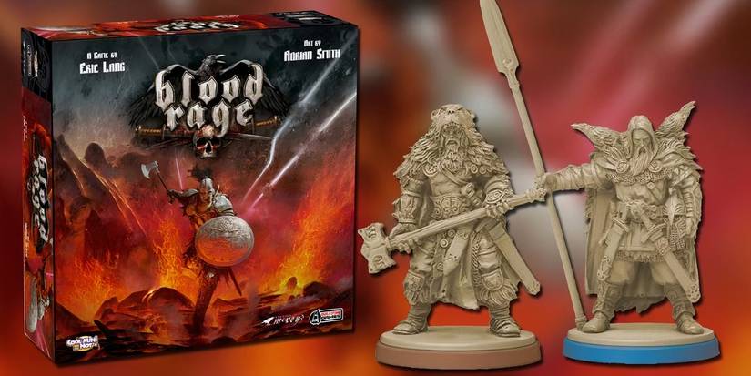 Two hero miniatures stand next to the Blood RAGE board game box.
