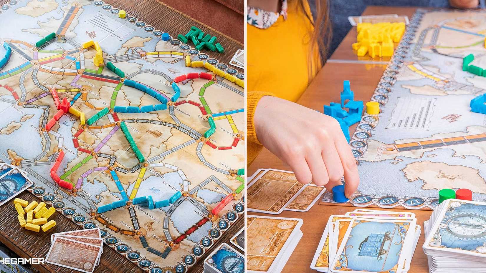 Two pictures showing gameplay for Ticket to Ride Europe.