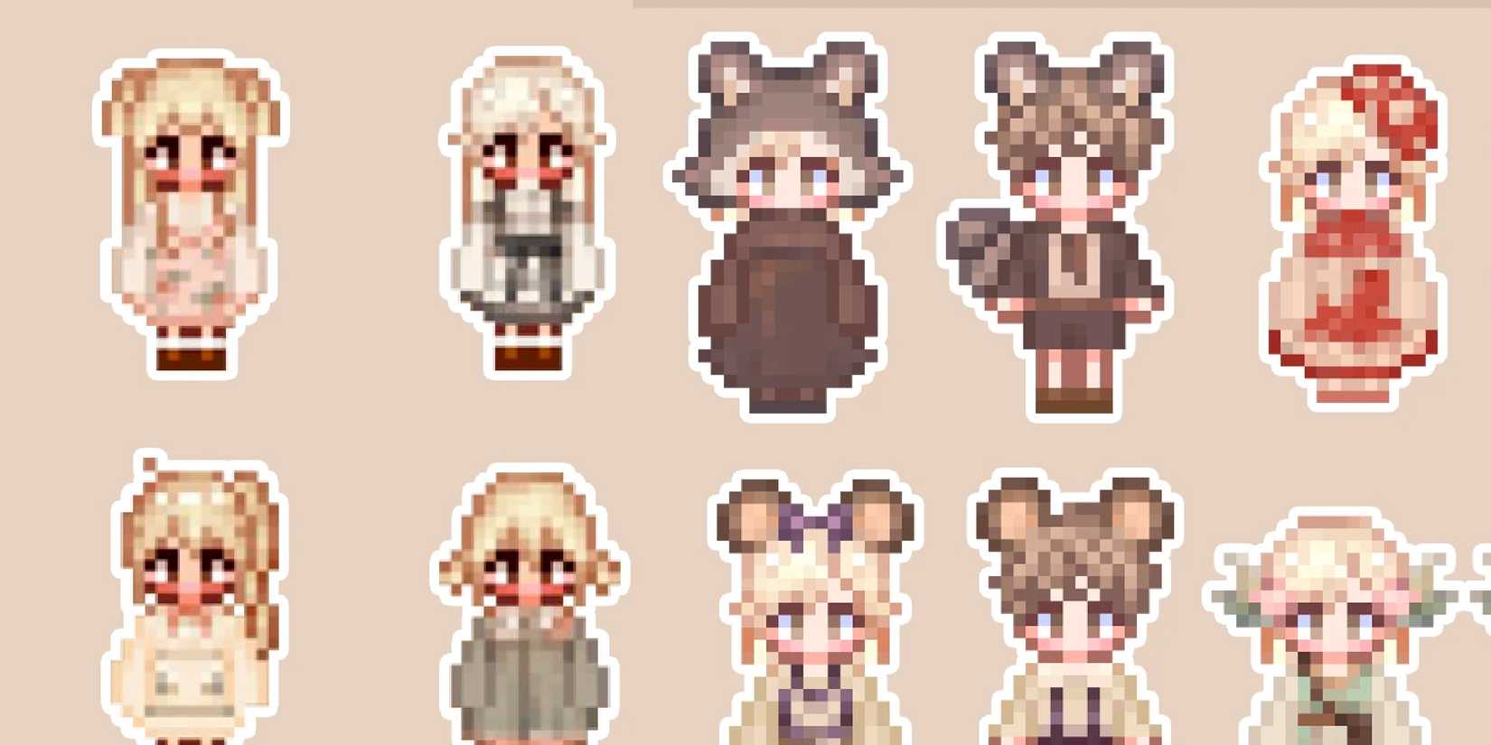 Different pastel clothing thematic around animals and nature from Katy's closet vol.1 and vol.2 mod from Kayytee in the Stardew valley.