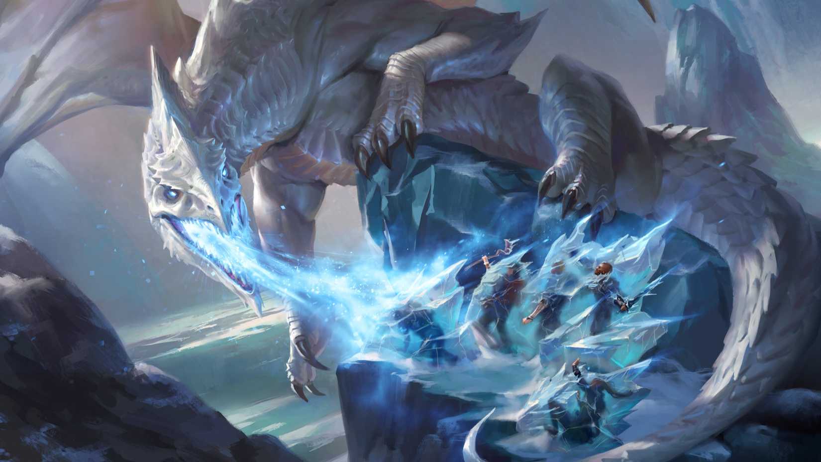 A large white dragon breaths ice at a part of adventurers atop a mountain.