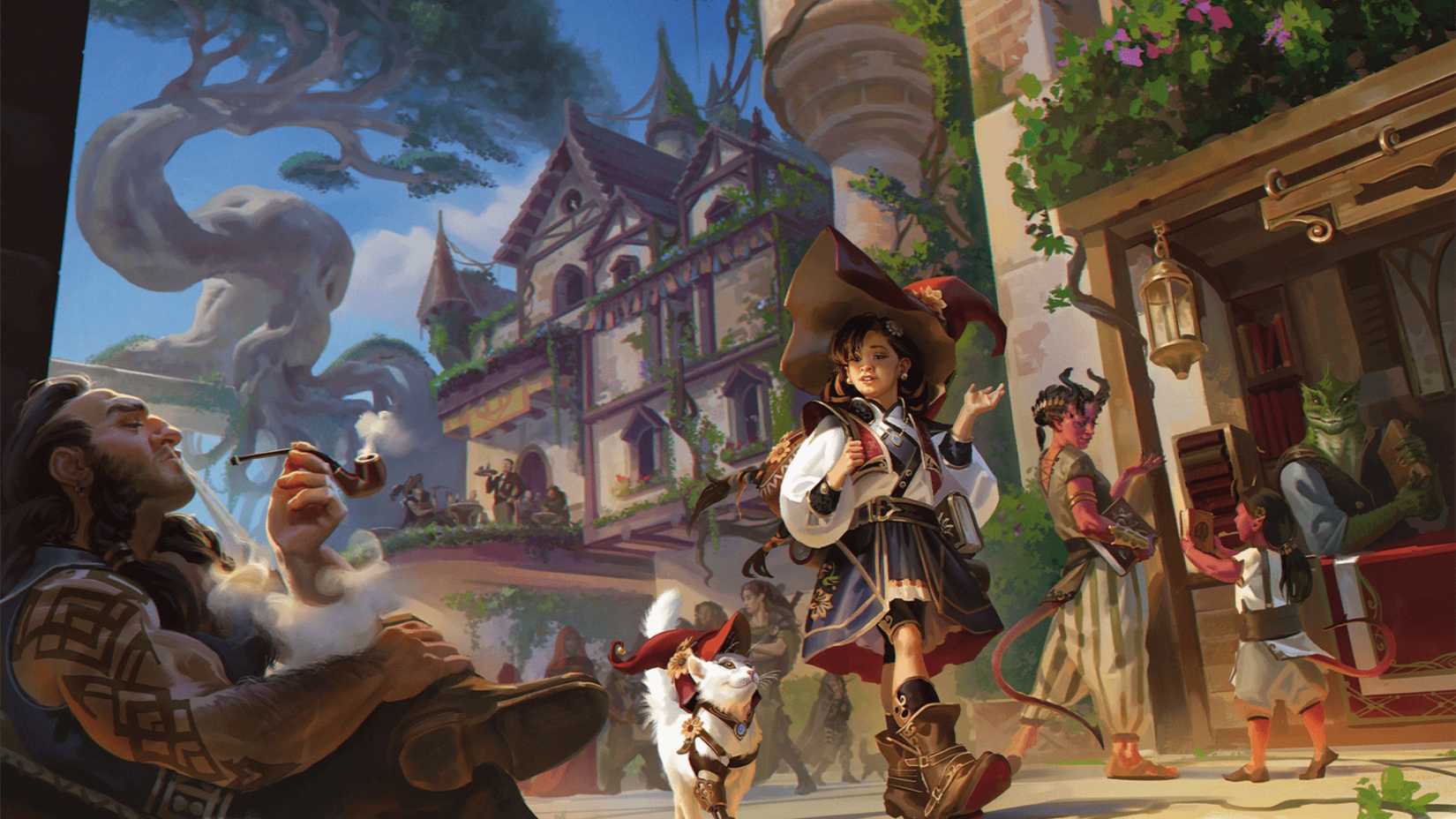 A wizard and her familiar cities traversees around, the coconon and dragon (D & D).