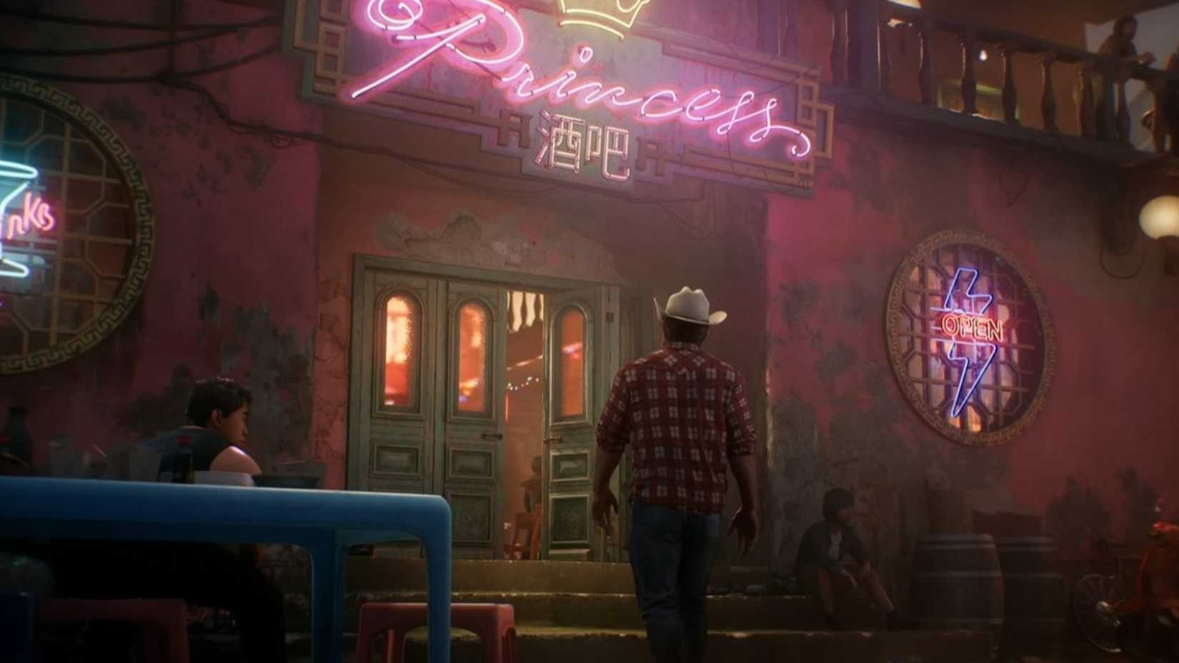 Wolverine in his cowboy outfir about to enter the Princess Bar in Madripoor in Marvel's Wolverine, with its giant pink sign visible.