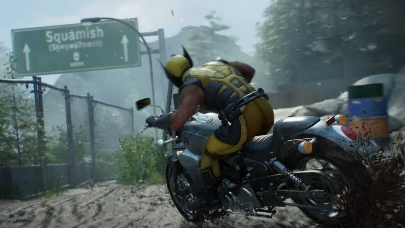 Wolverine riding a bike as a green highway sign for Squamish is seen in front of him in Marvel's Wolverine.