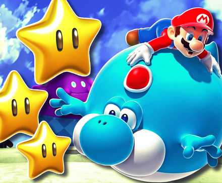 Chhubby Yoshi next to Super Mario Galaxy stars.
