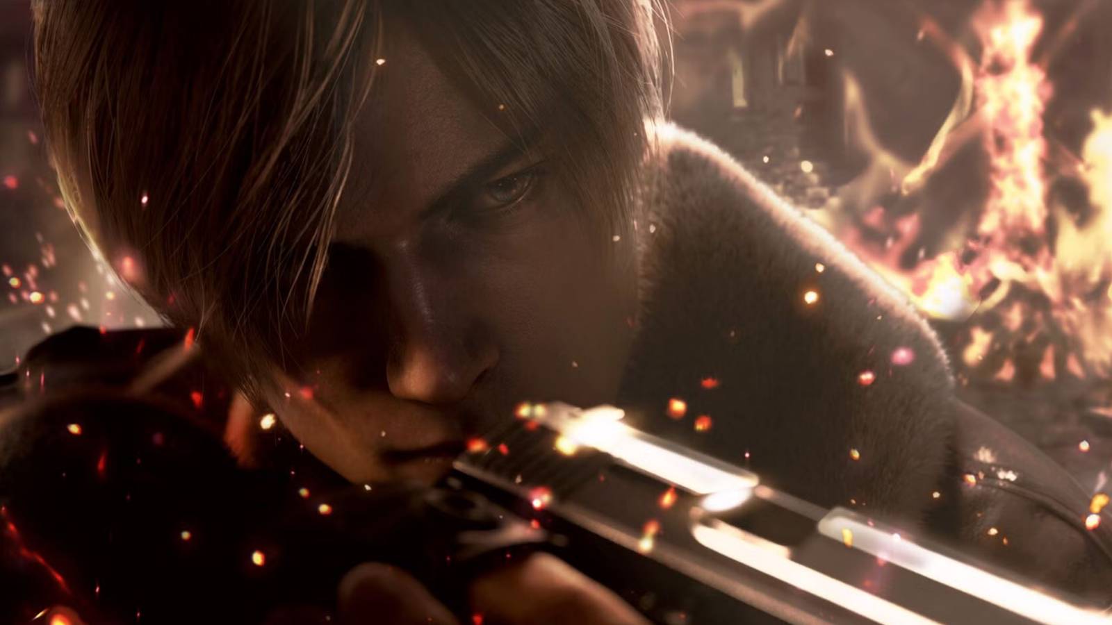 A close up of Leon Kennedy in Resident Evil 4, aiming a pistol with fire in the background.