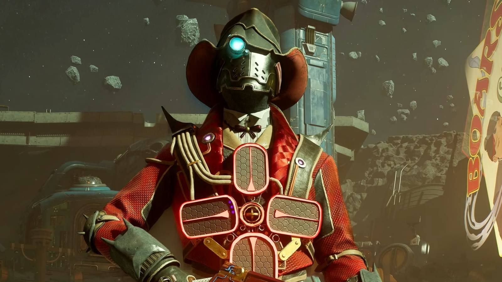 A man in a red suit and a robotic mask