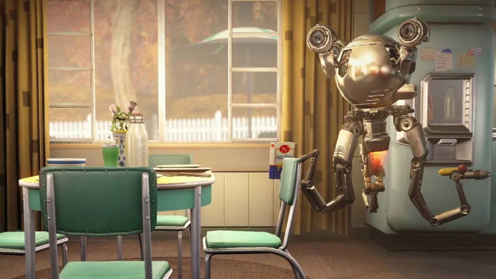 A screenshot from Fallout 4 showing Codsworth serving cereal in a 1950s retro-furist kitchen.