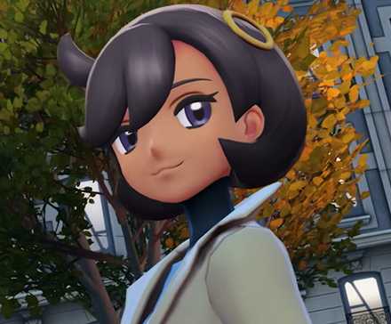 A womna with brown hair and purple eyes in Pokemon Legends_ Z-A