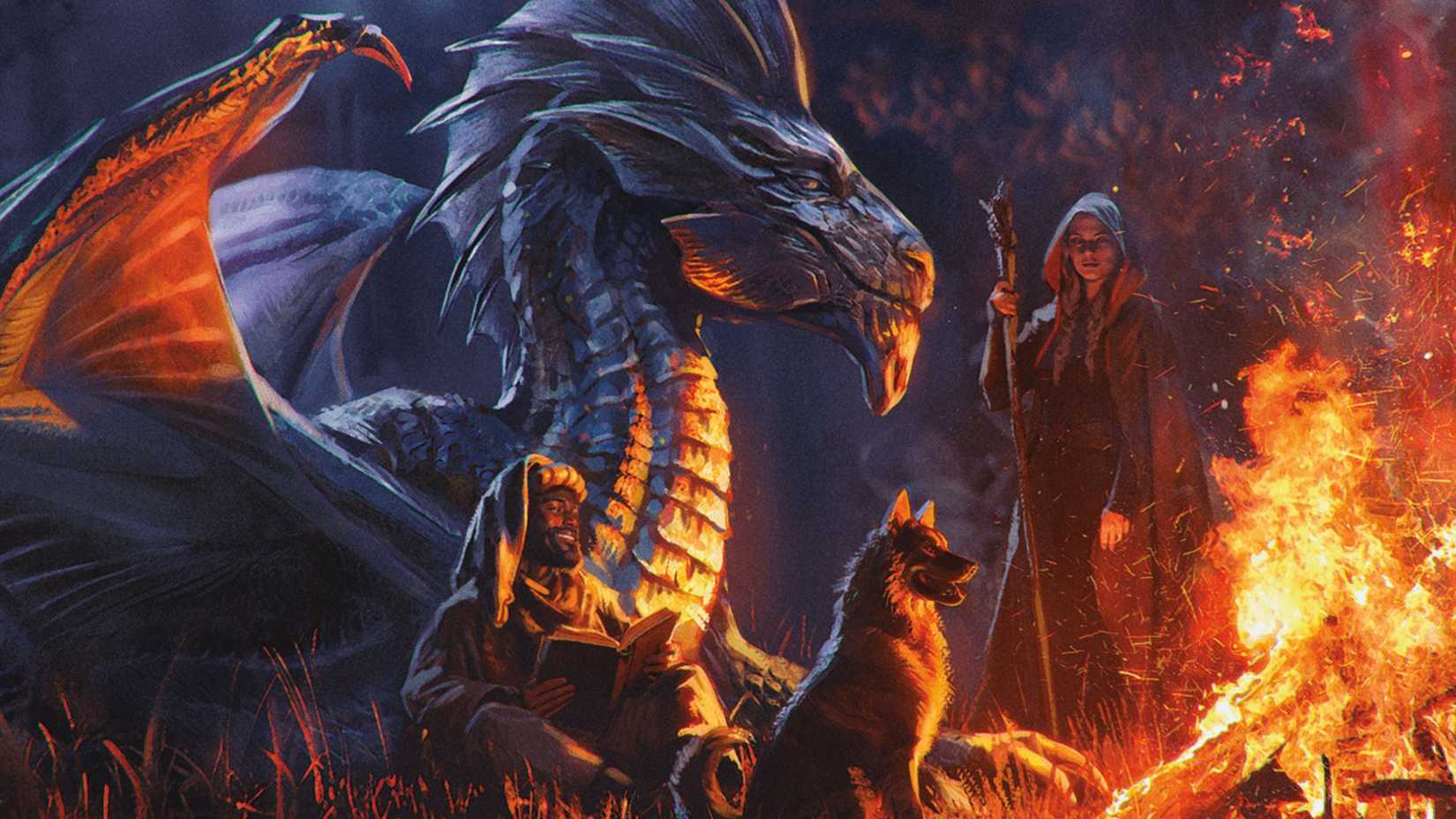 An Adult Silver Dragon relaxing at camp with a group of adventurers, from Dungeons & Dragons (D&D).