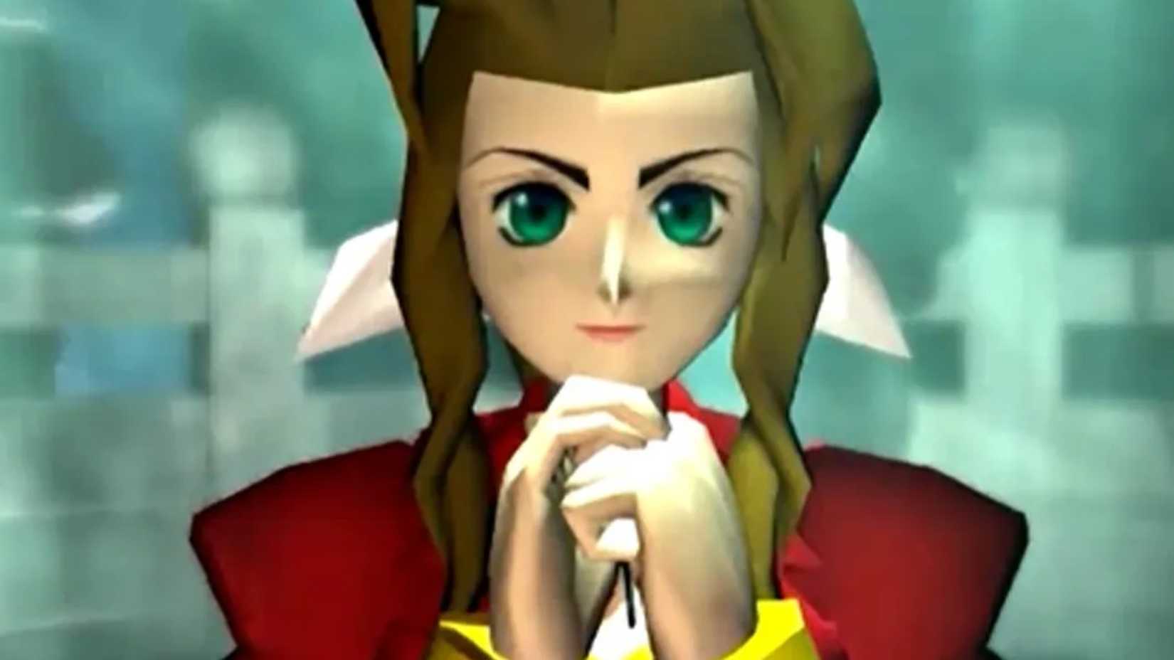 Aerith with her hands together in Final Fantasy 7.