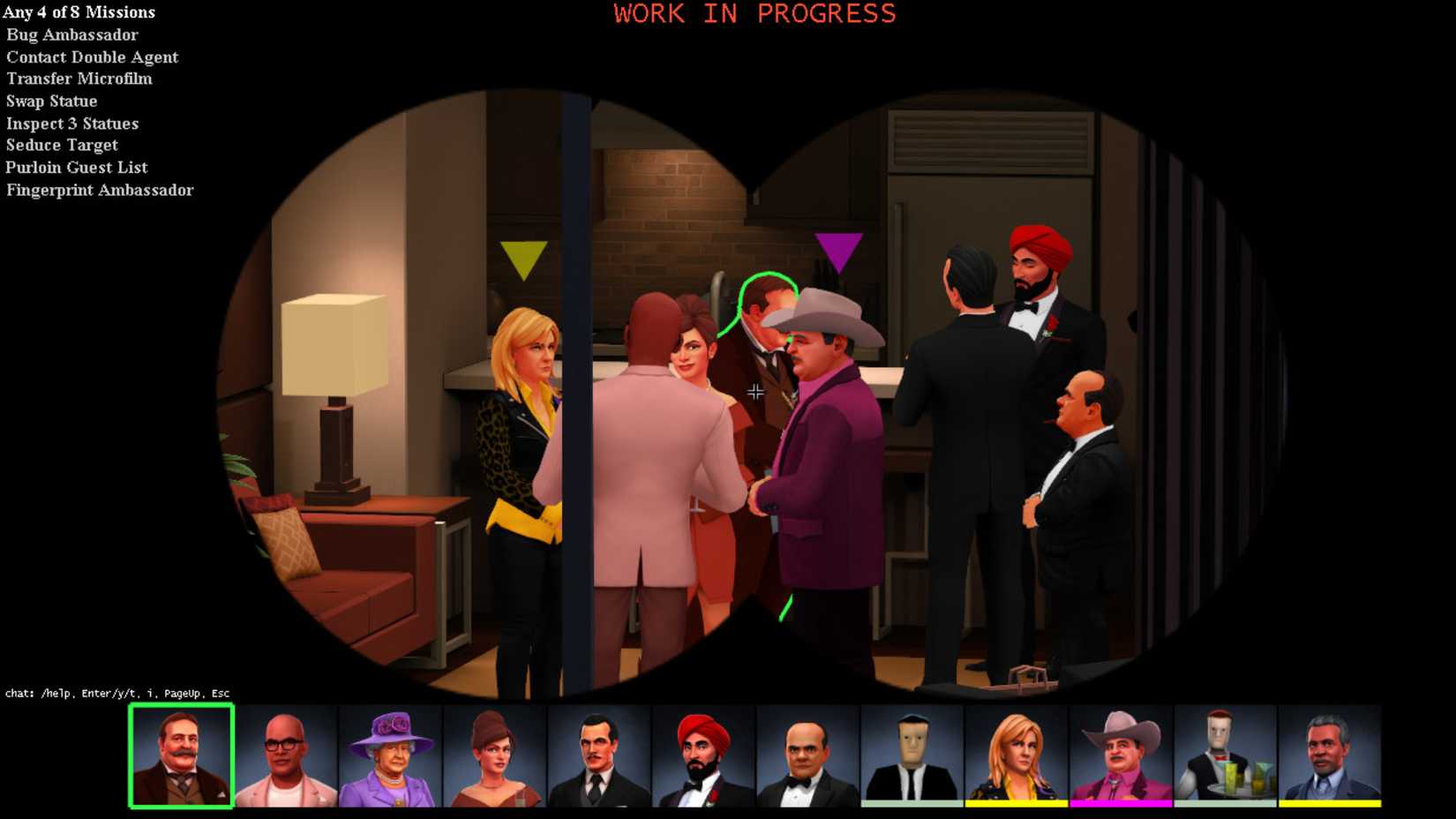 Aiming at people at a party in SpyParty.