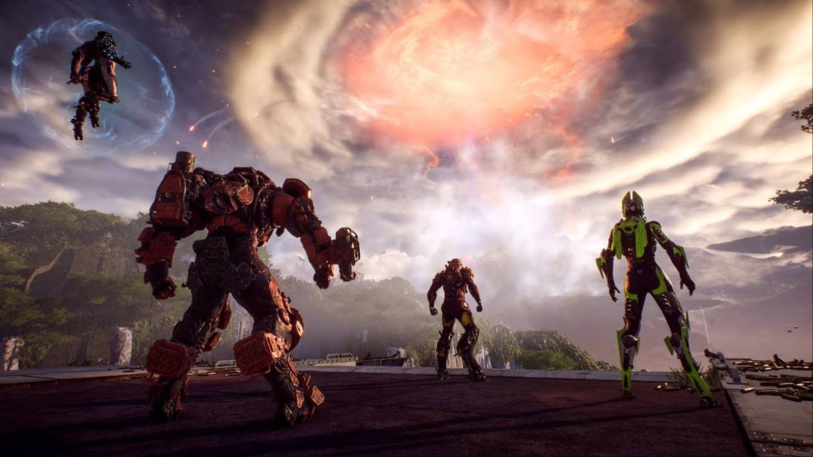 A squad of Freelancers getting ready to set out on an expedition in Anthem.