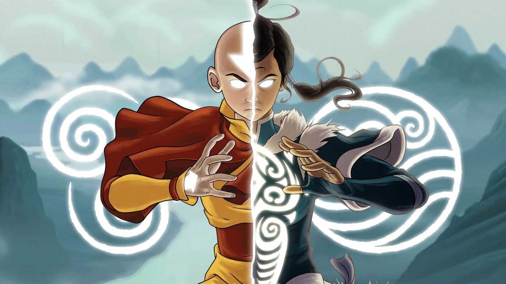 A split image of Aang and Korra, from Avatar Legends.