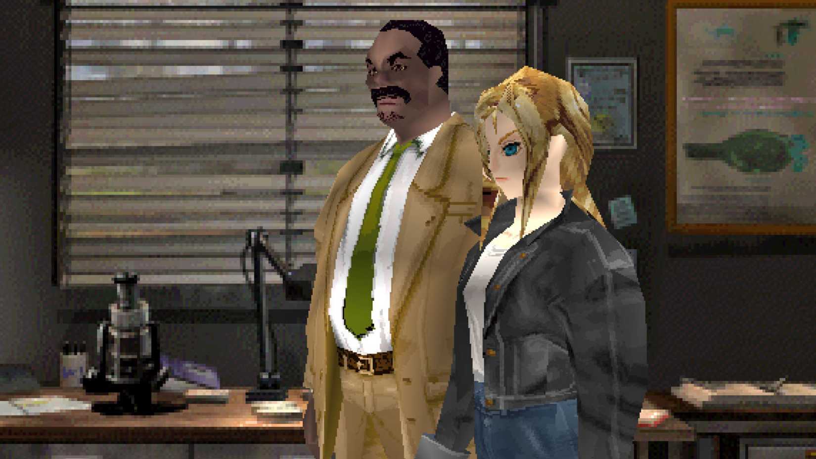 Aya Brea standing next to another character in Parasite Eve 2.