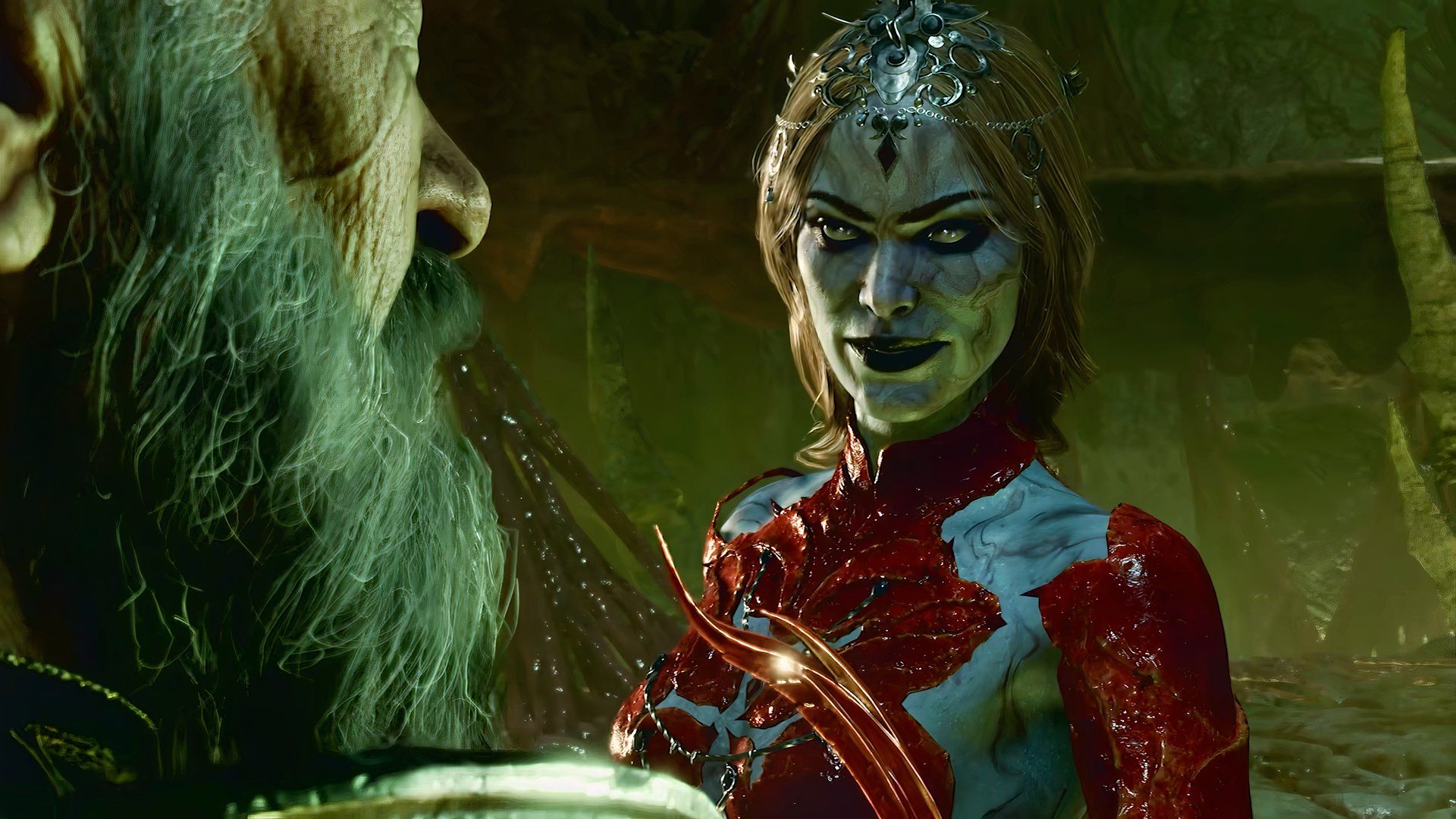 Baldur's Gate 3 em configurações baixas, mostrando texturas simplificadas e ambiente de jogo.