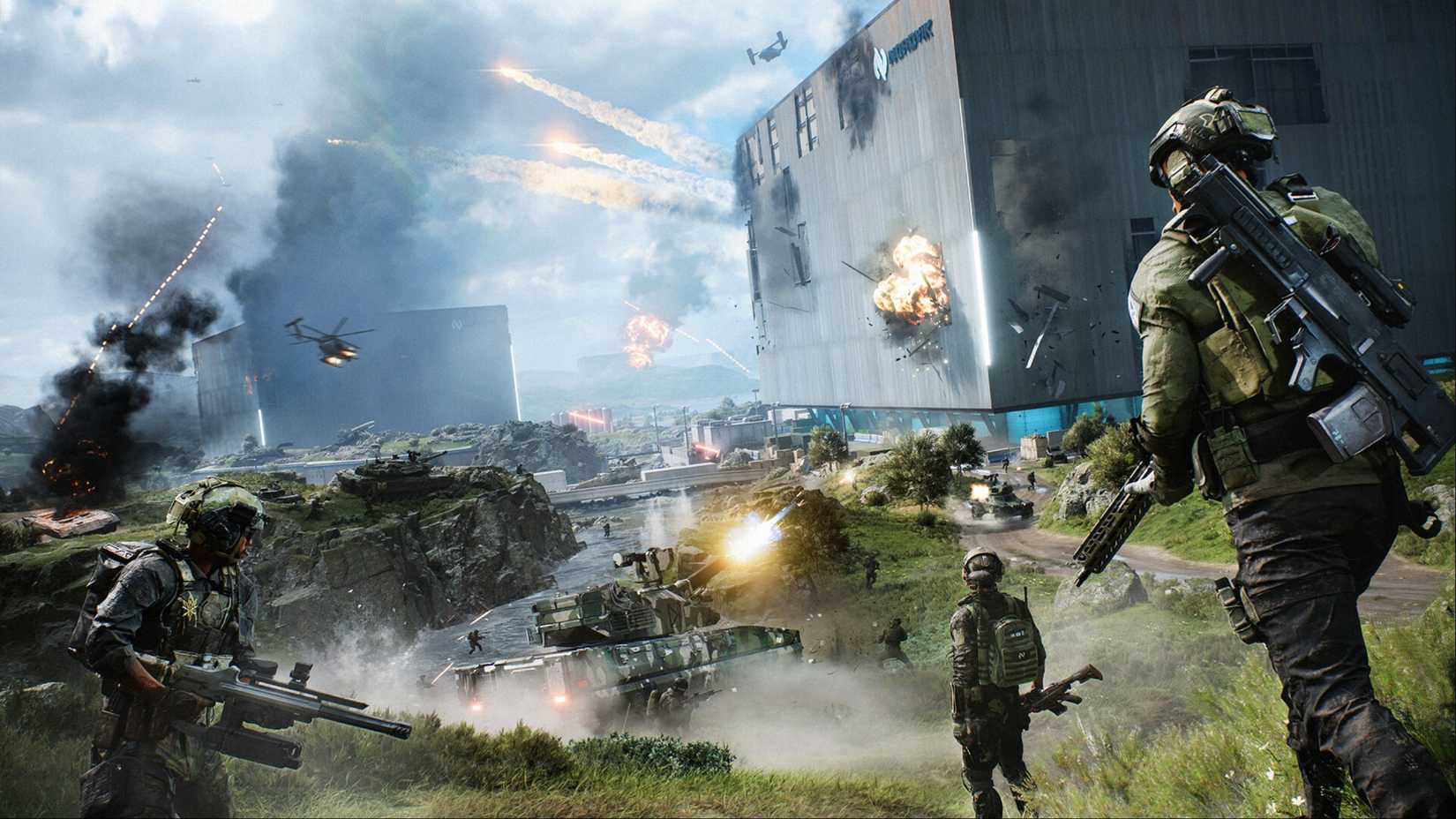 An all-out warzone with tanks, helicopters, and infantry fighting one another in Battlefield 2042.