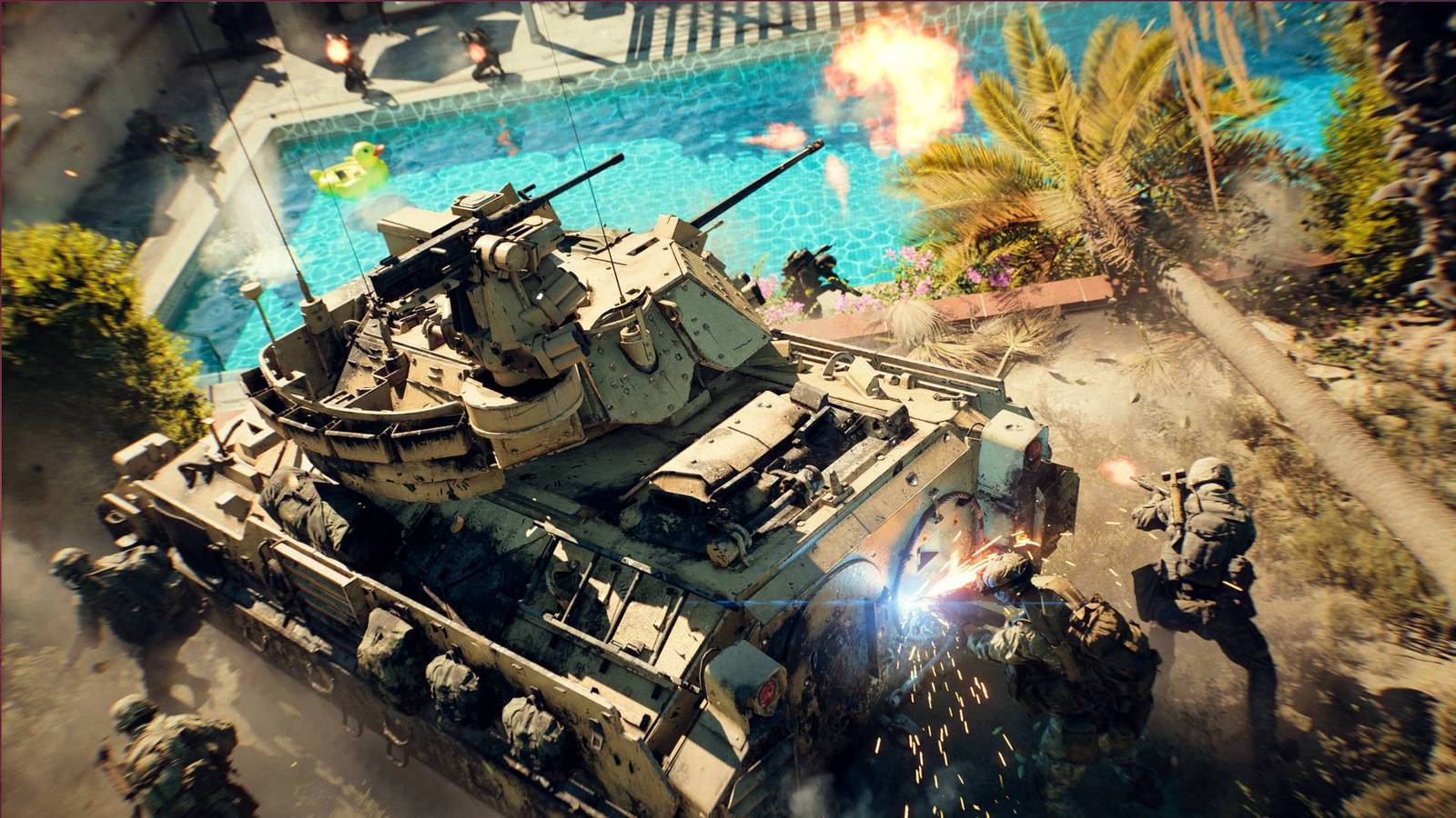 Battlefield 6, Eastwood california map, tank next to a pool with engineers repairing it.