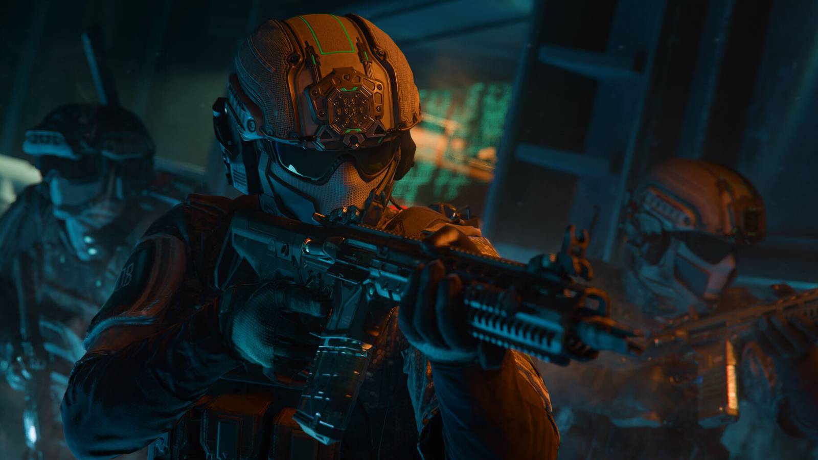 Helmeted soldiers aiming guns from Call of Duty Black Ops 7.