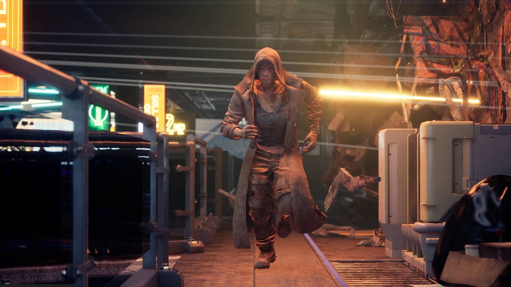 Character running along train wearing large hooded coat.