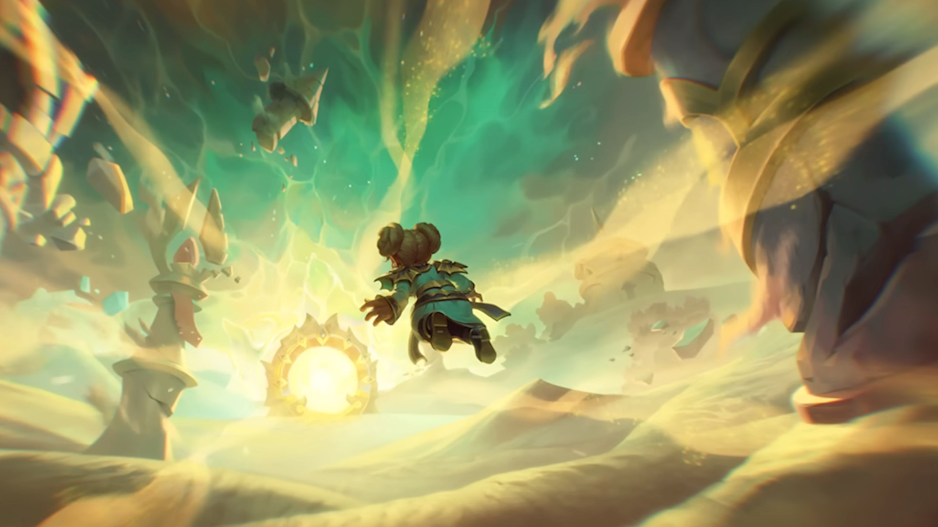 Chromie voando através do tempo em Hearthstone.