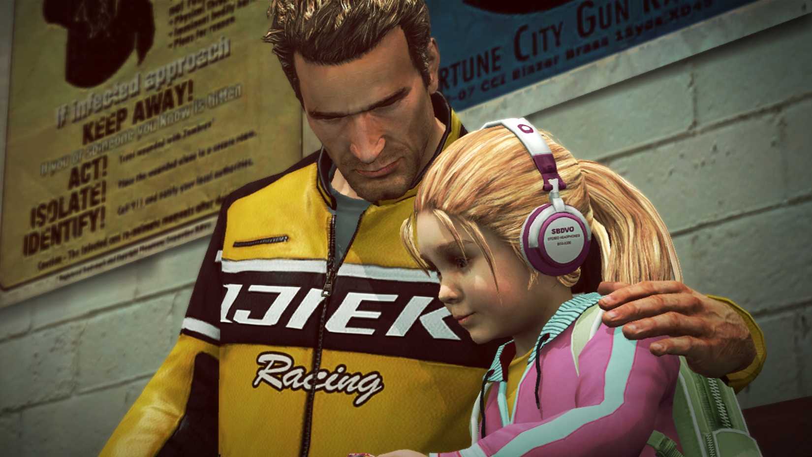 Chuck has his arm around Katie in Dead Rising 2.