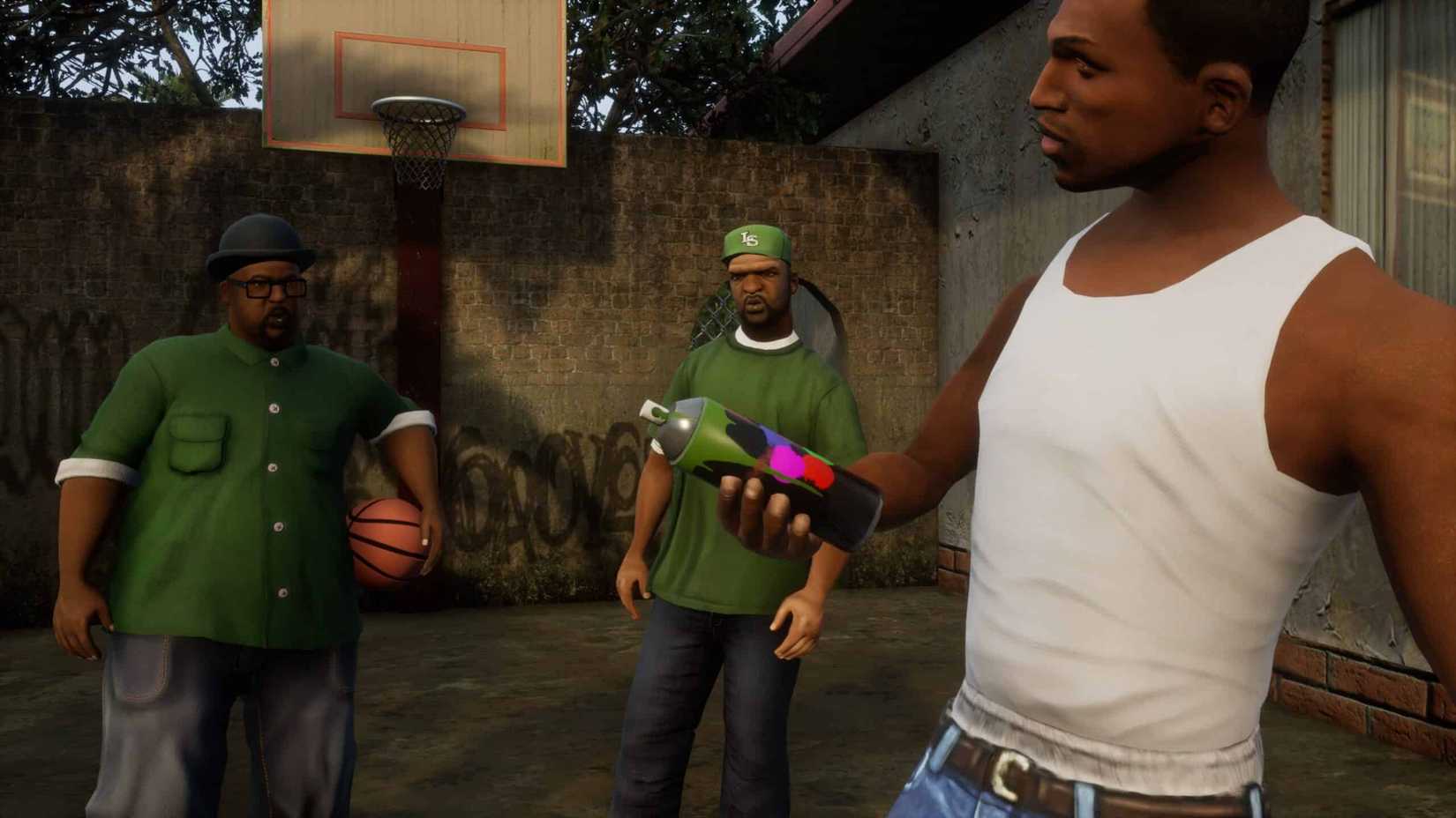 CJ holds spray paint while with Big Smoke and Sweet in Grand Theft Auto: San Andreas.