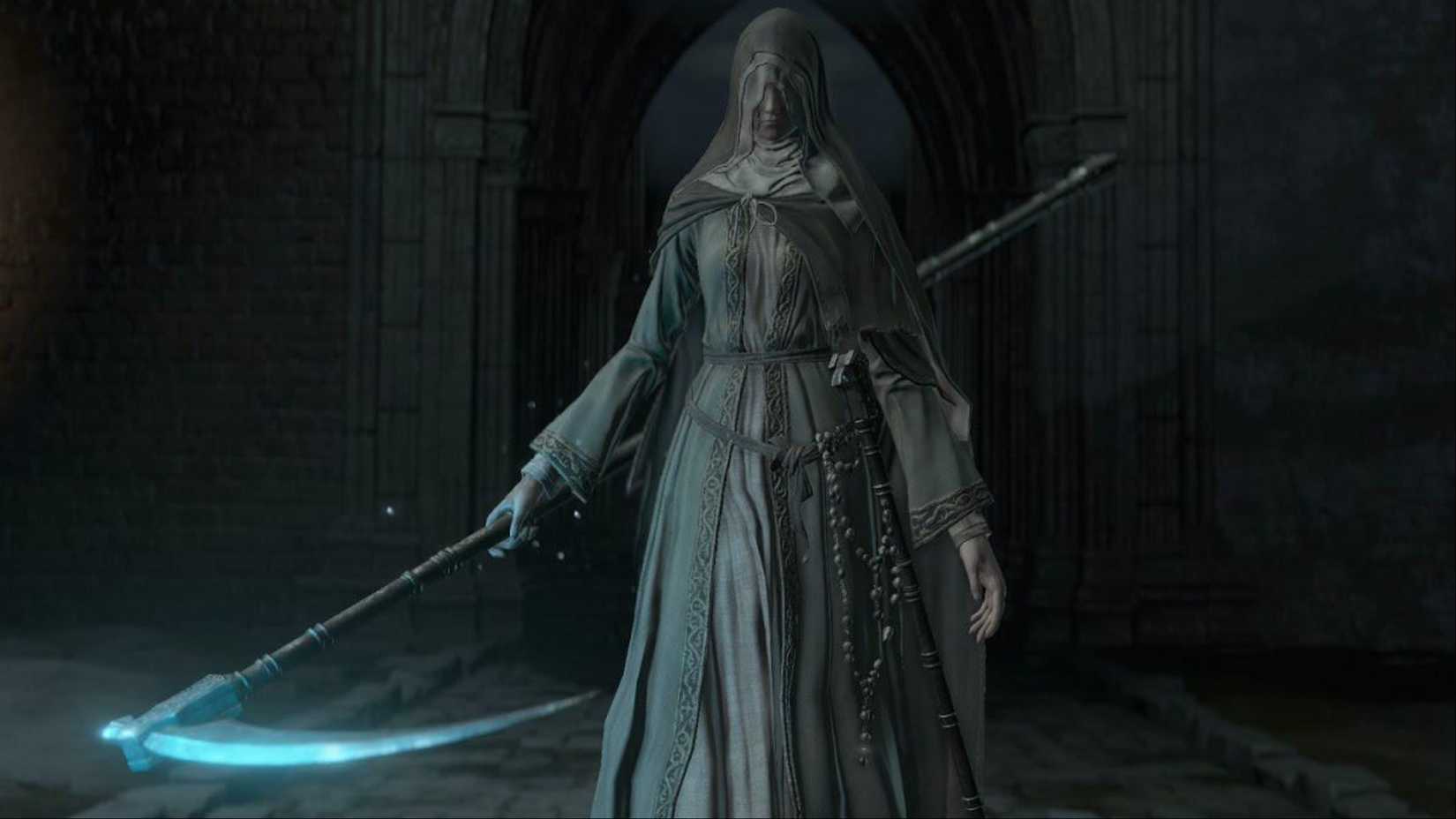 Sister Friede walking toward the Ashen One with her scythe drawn in Dark Souls 3: Ashes of Ariandel.