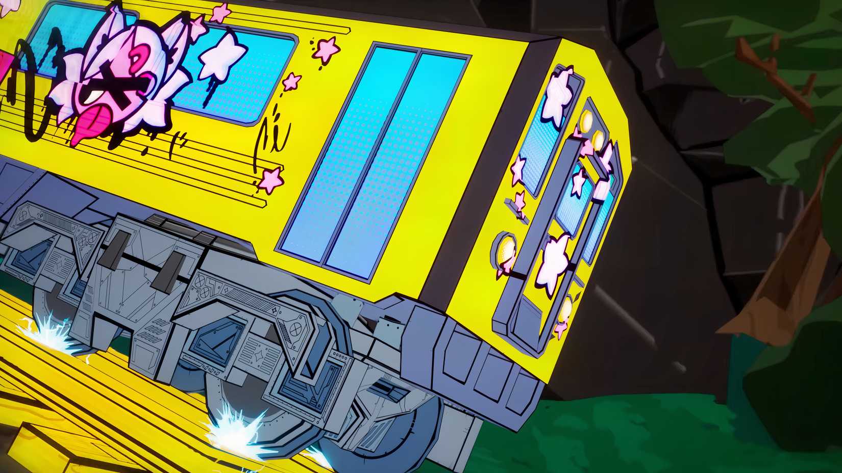 Denshattack train close-up with colored graffiti.