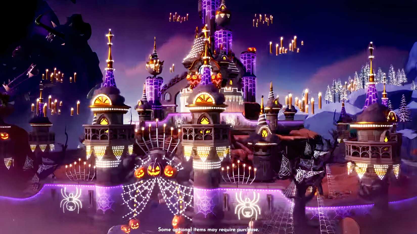 Disney DreamLight Valley is a Dream Castle decorated with SpiderWebs, pumpkin, and melting candles.