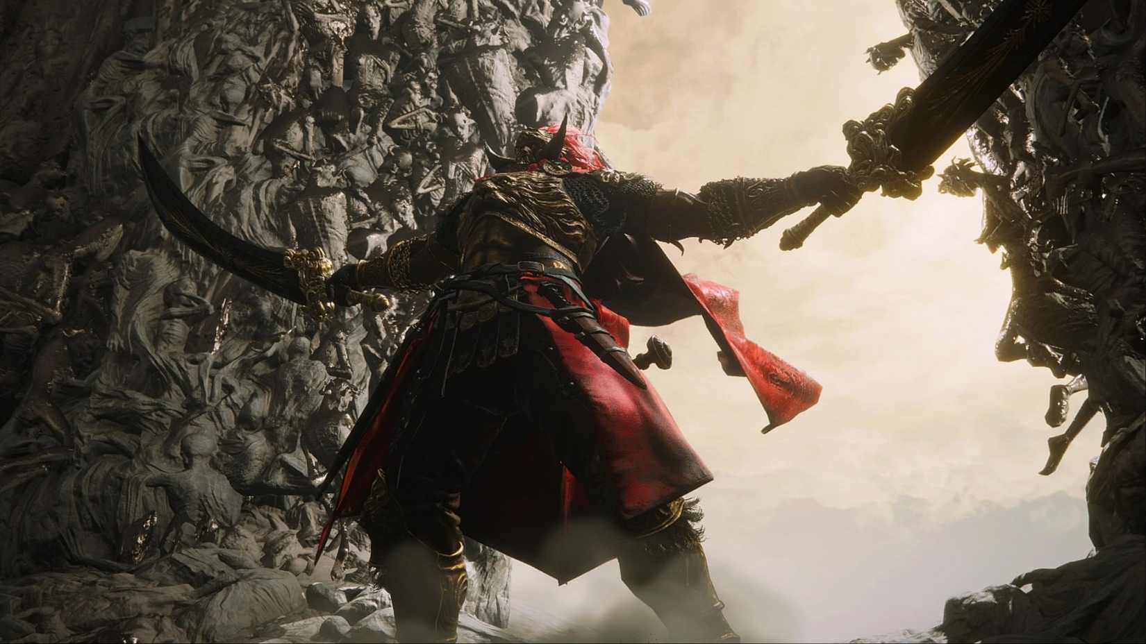 Promised Consort Radahn raising his two greatswords high in the air before battling the Tarnished in Elden Ring: Shadow of the Erdtree.