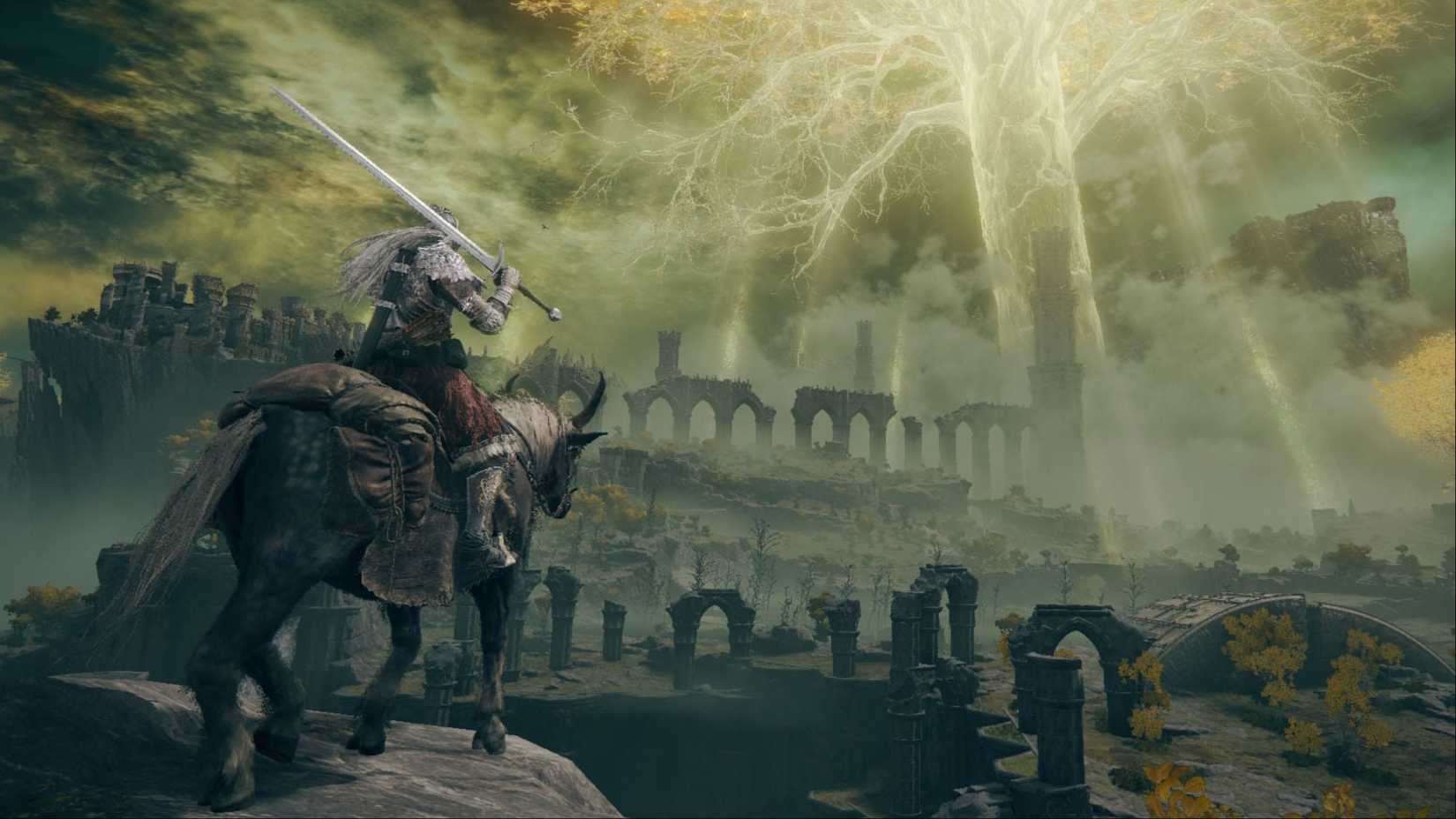 Bloody Wolf Tarnished, riding behind the torrent, looking out over the vast world of the Lands Between and Unsullied Erdtree in the Eldon Ring.