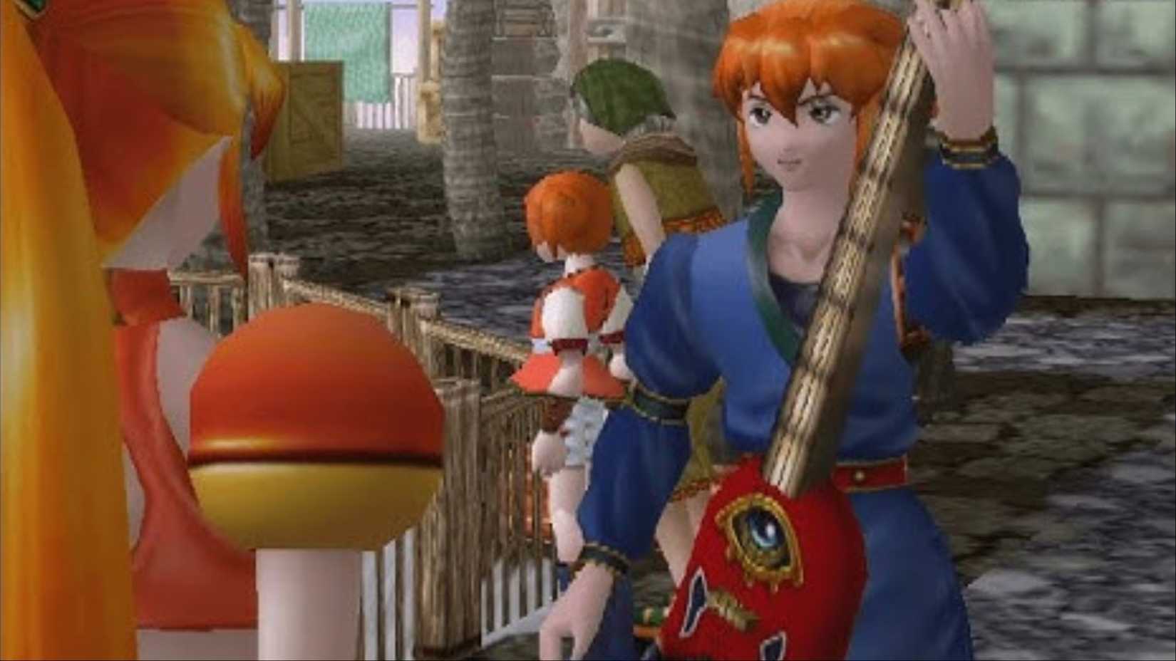 Mouse holds up his sentient guitar, Pattimo, to Rummy, while talking to her, in Ephemeral Fantasia.