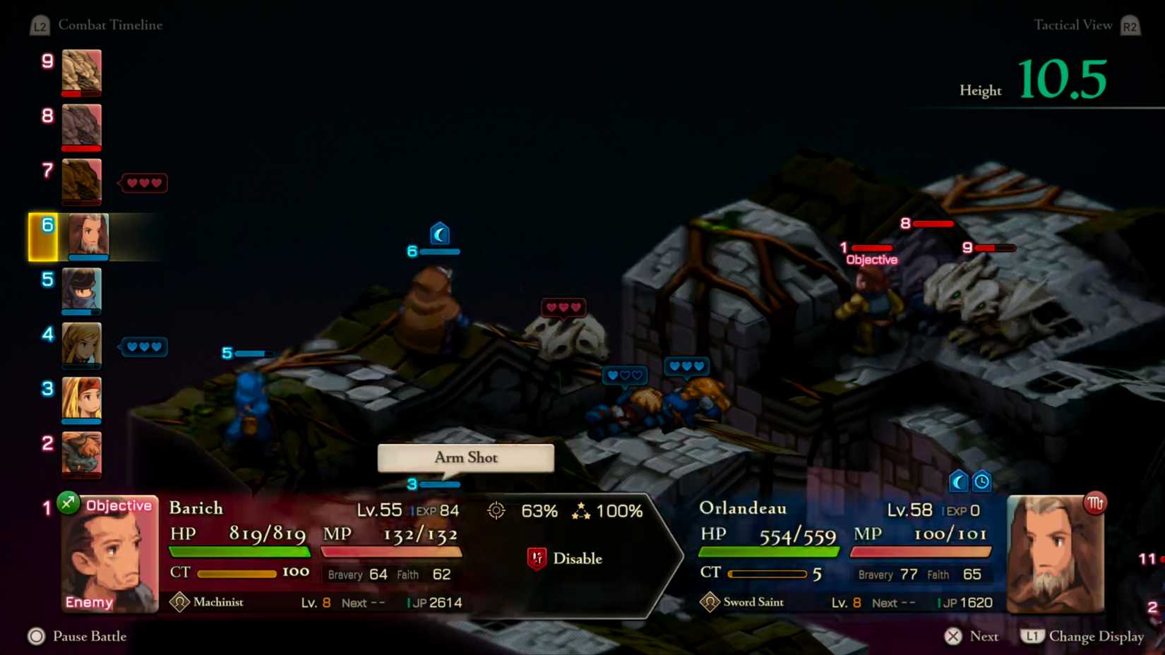 Barich shooting Orlandeau with an Arm Shot in attempt to prevent them from using any abilities in Final Fantasy Tactics: The Ivalice Chronicles.