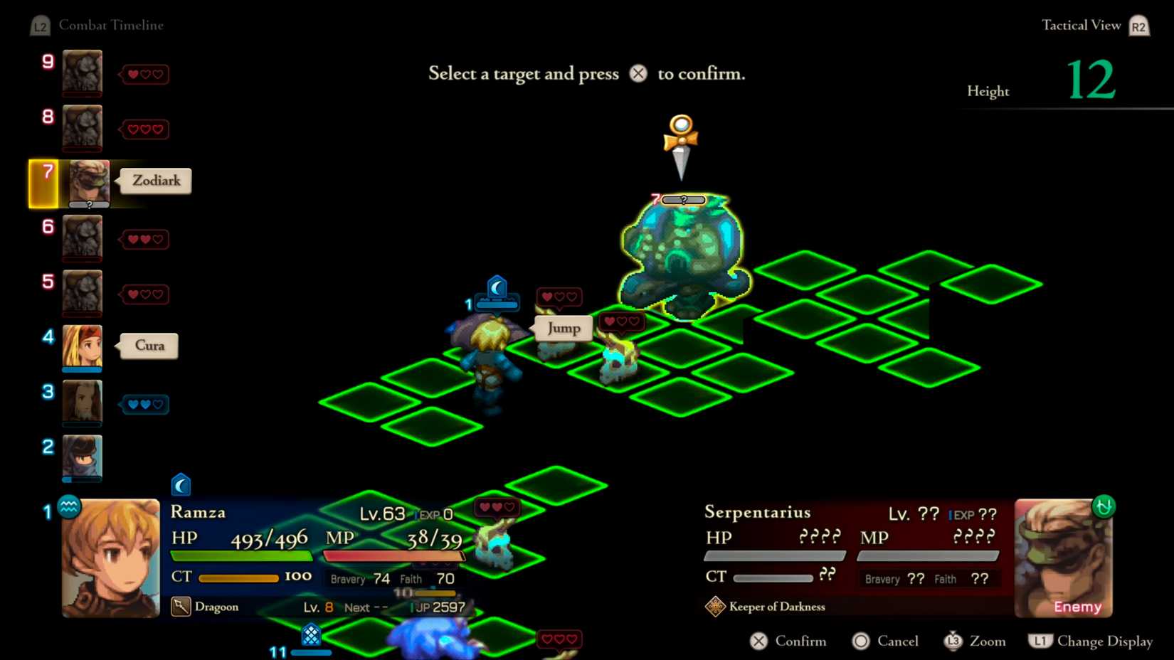 Razma performing a Jump attack on Serpentarius in Final Fantasy Tactics: The Ivalice Chronicles.