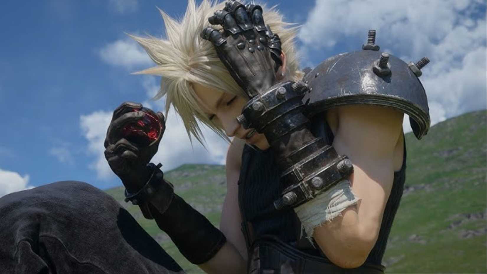 Cloud Strife holds his head in pain while grasping the Black Materia in Final Fantasy 7 Rebirth.