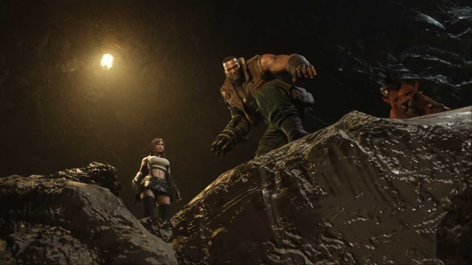 Tifa, Barret, and Red XIII looking into the mines after being separated from the rest of the party in Final Fantasy 7 Rebirth.