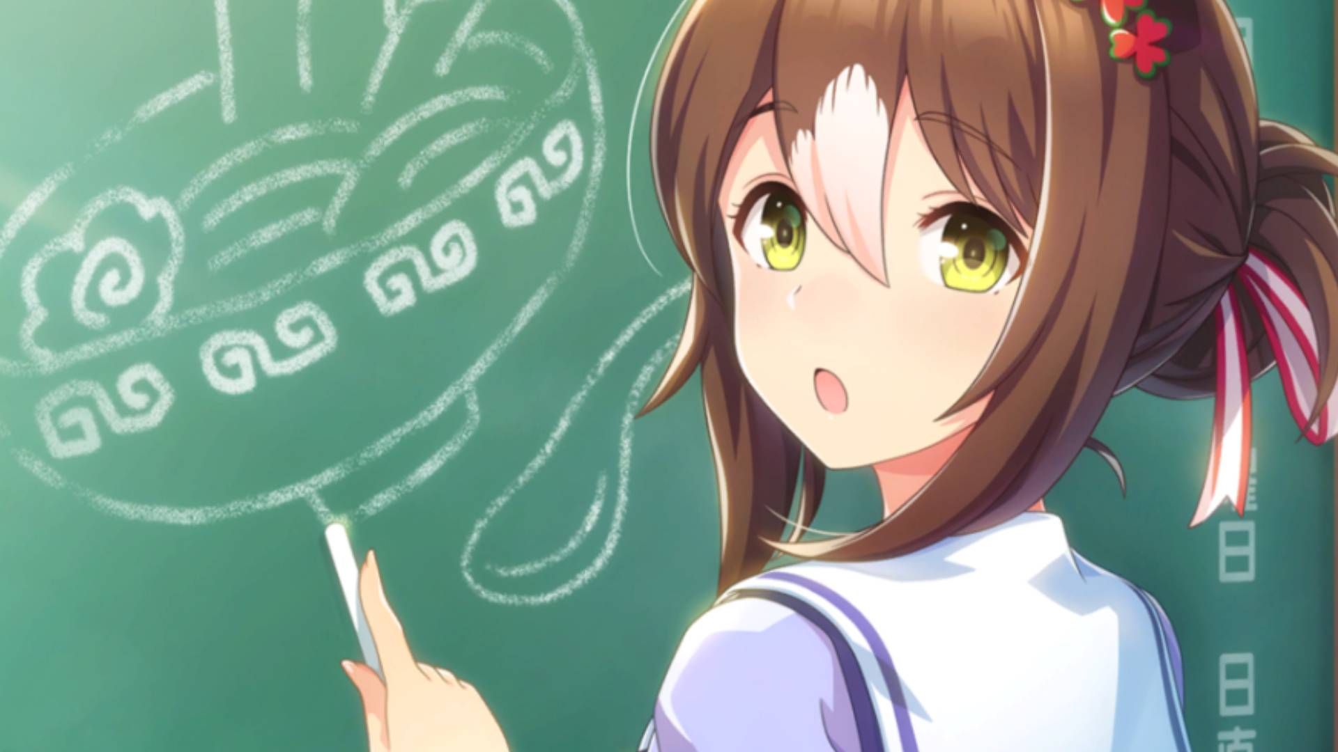 Fine Motion aponta para um quadro em Umamusume: Pretty Derby.