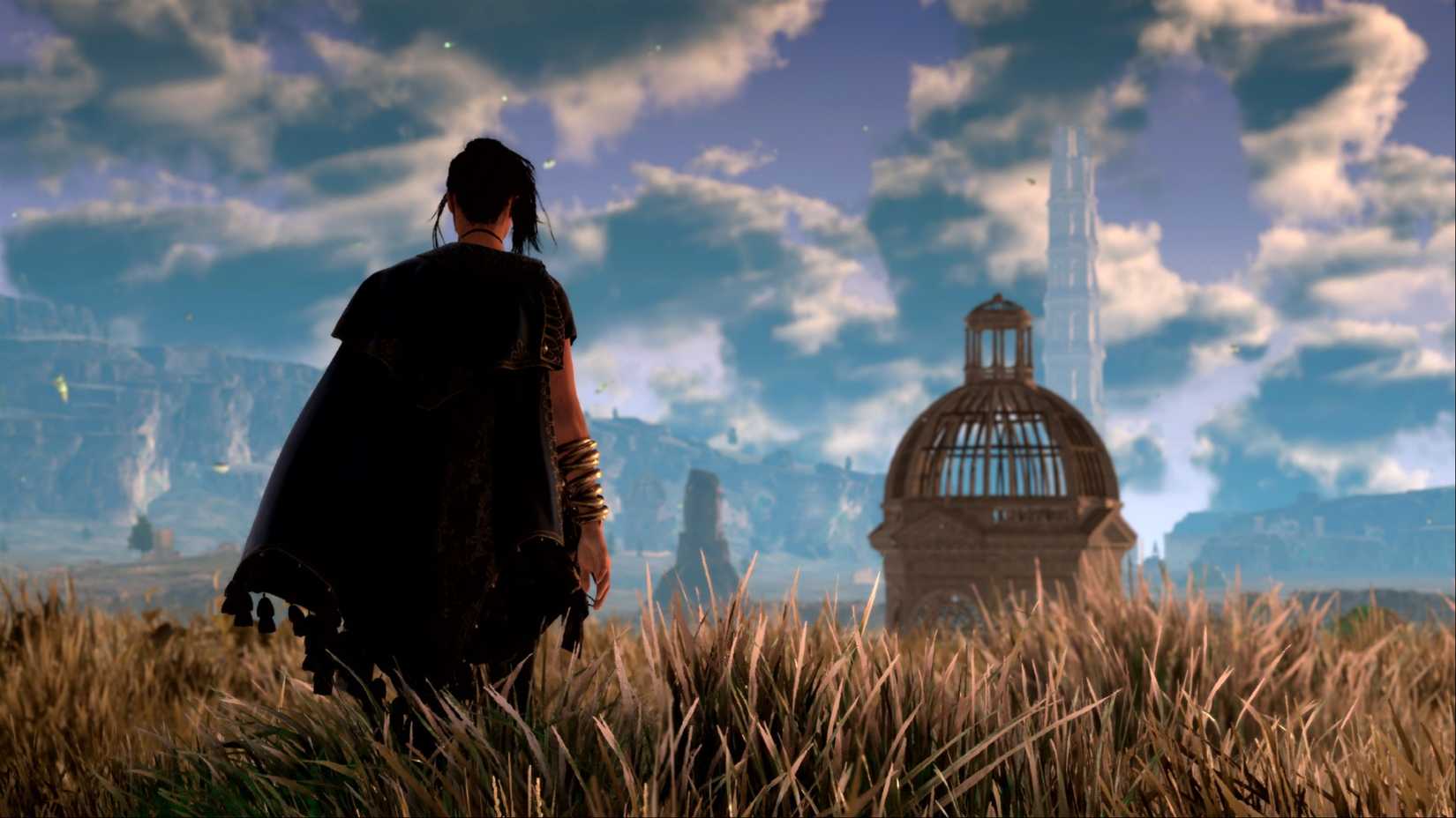 Frey Holland walking through a field toward a building in Forspoken.