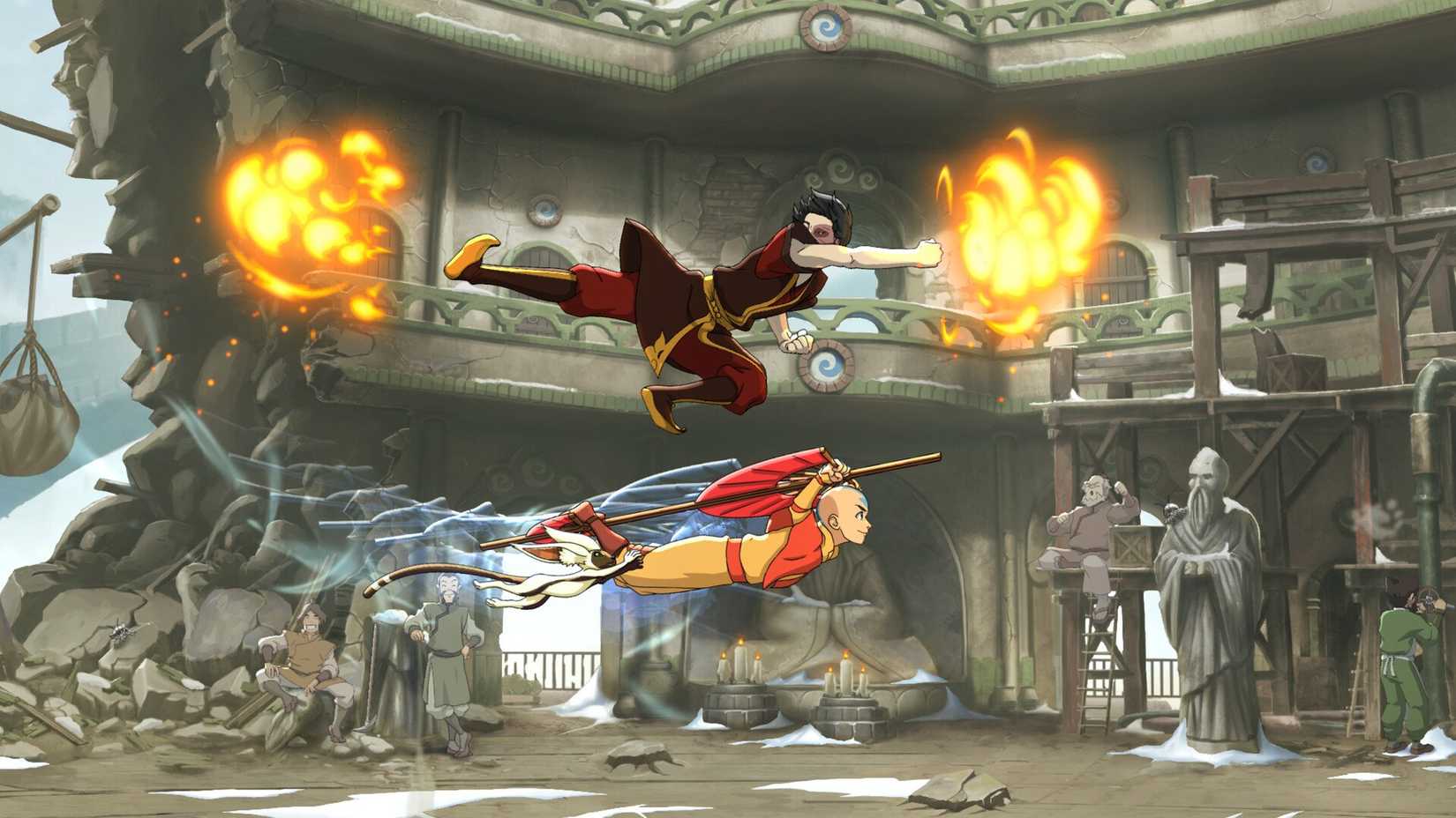 Aang flies right under Zuko in Avatar Legends The Fighting Game.