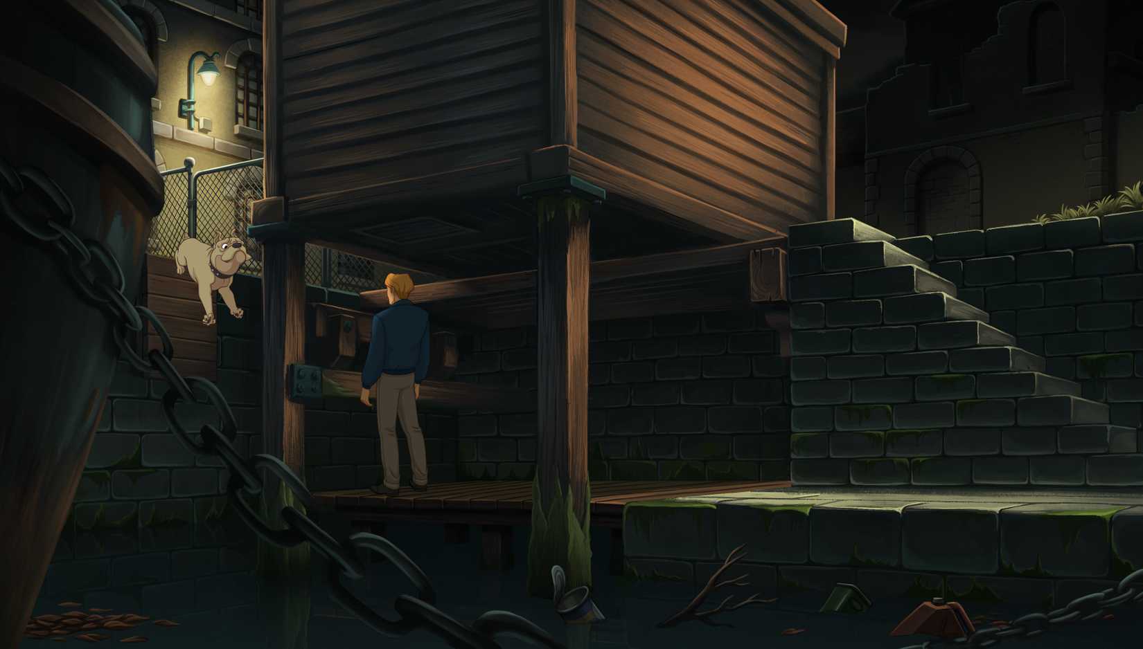 George and the dog at the docks in Broken Sword The Smoking Mirror Reforged.