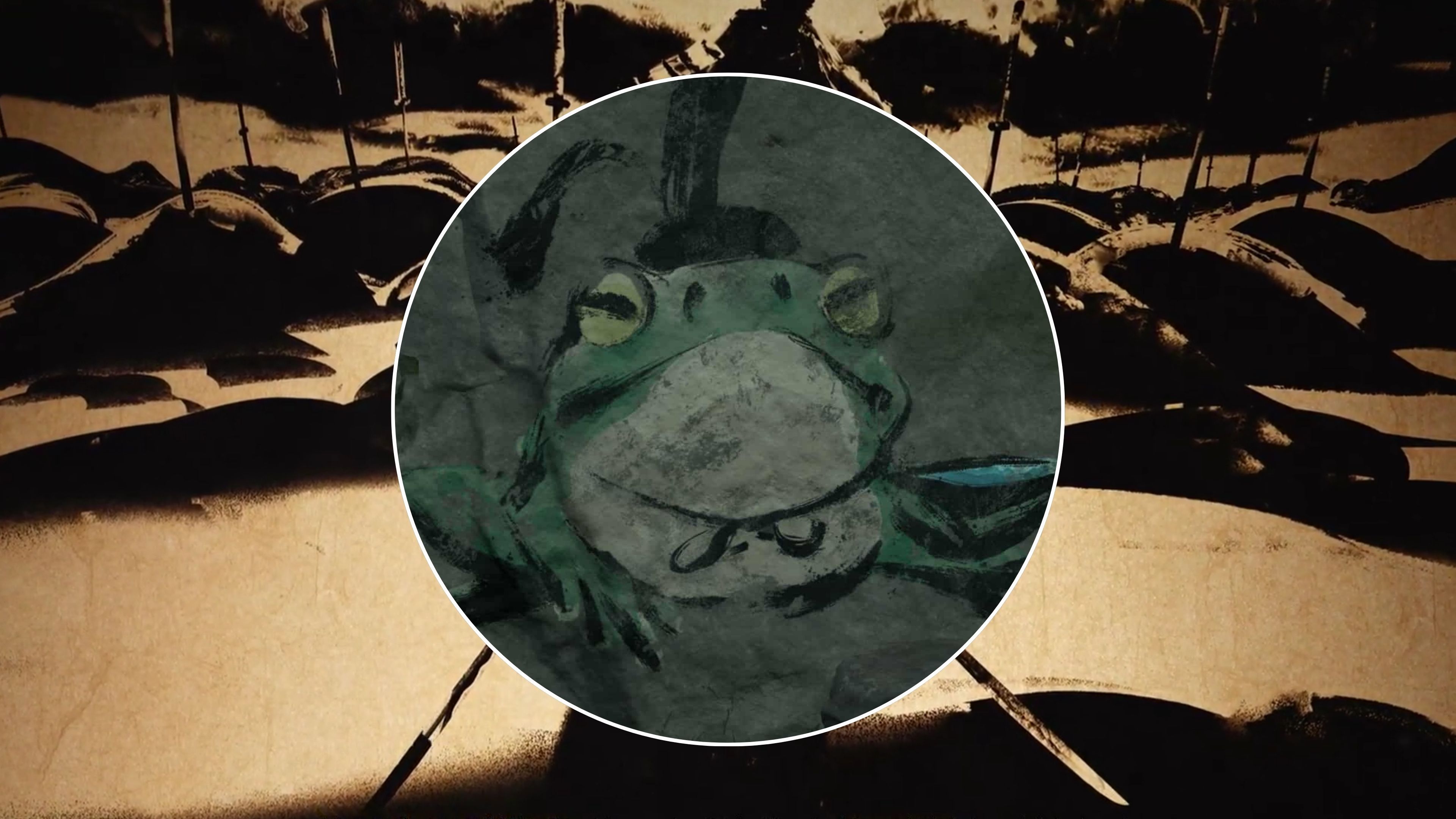 A mural of a Sly Cooper villain, with an image of Takezo, The Unrivaled, in the background, from Ghost of Yotei.