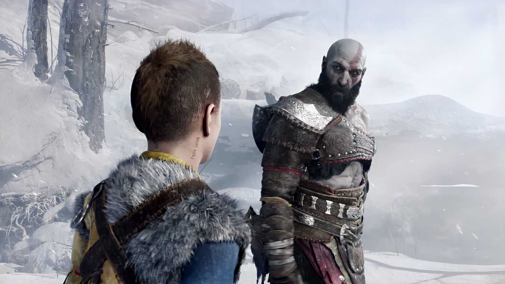 God Of War Ragnarök - Kratos looks back at Atreus in a snowy landscape.